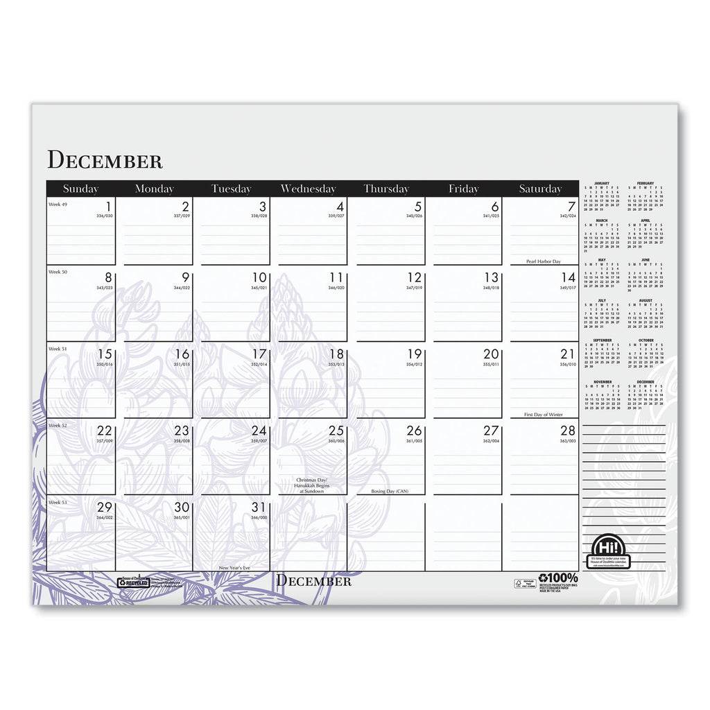 Recycled Desk Pad Calendar, Wild Flowers Artwork, 22 x 17, White Sheets, Black Binding/Corners,12-Month (Jan-Dec): 2024