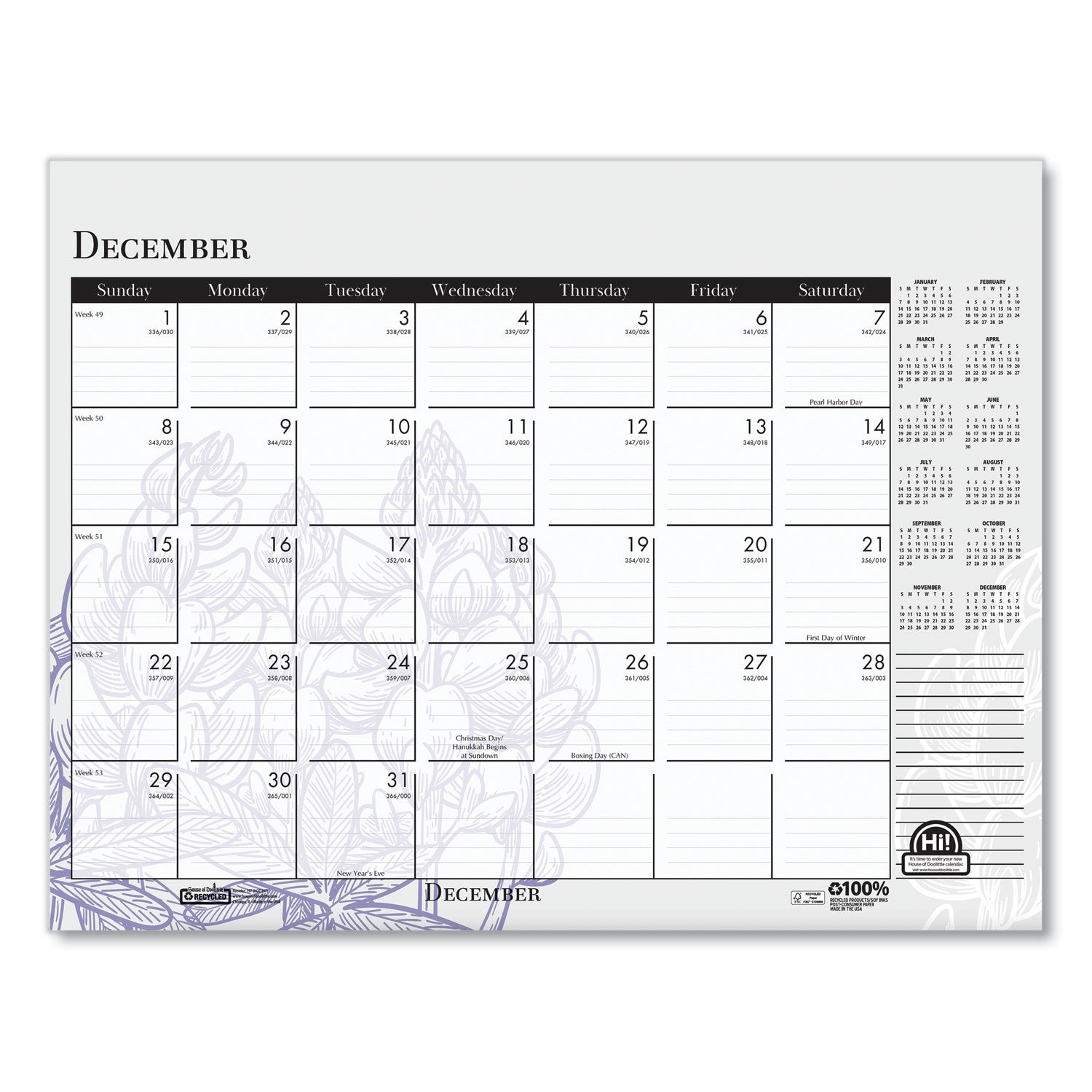 Recycled Desk Pad Calendar, Wild Flowers Artwork, 22 x 17, White Sheets, Black Binding/Corners,12-Month (Jan-Dec): 2024
