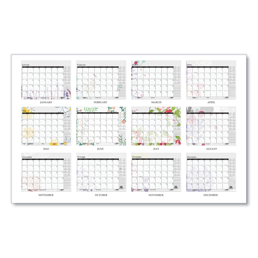 Recycled Desk Pad Calendar, Wild Flowers Artwork, 22 x 17, White Sheets, Black Binding/Corners,12-Month (Jan-Dec): 2024