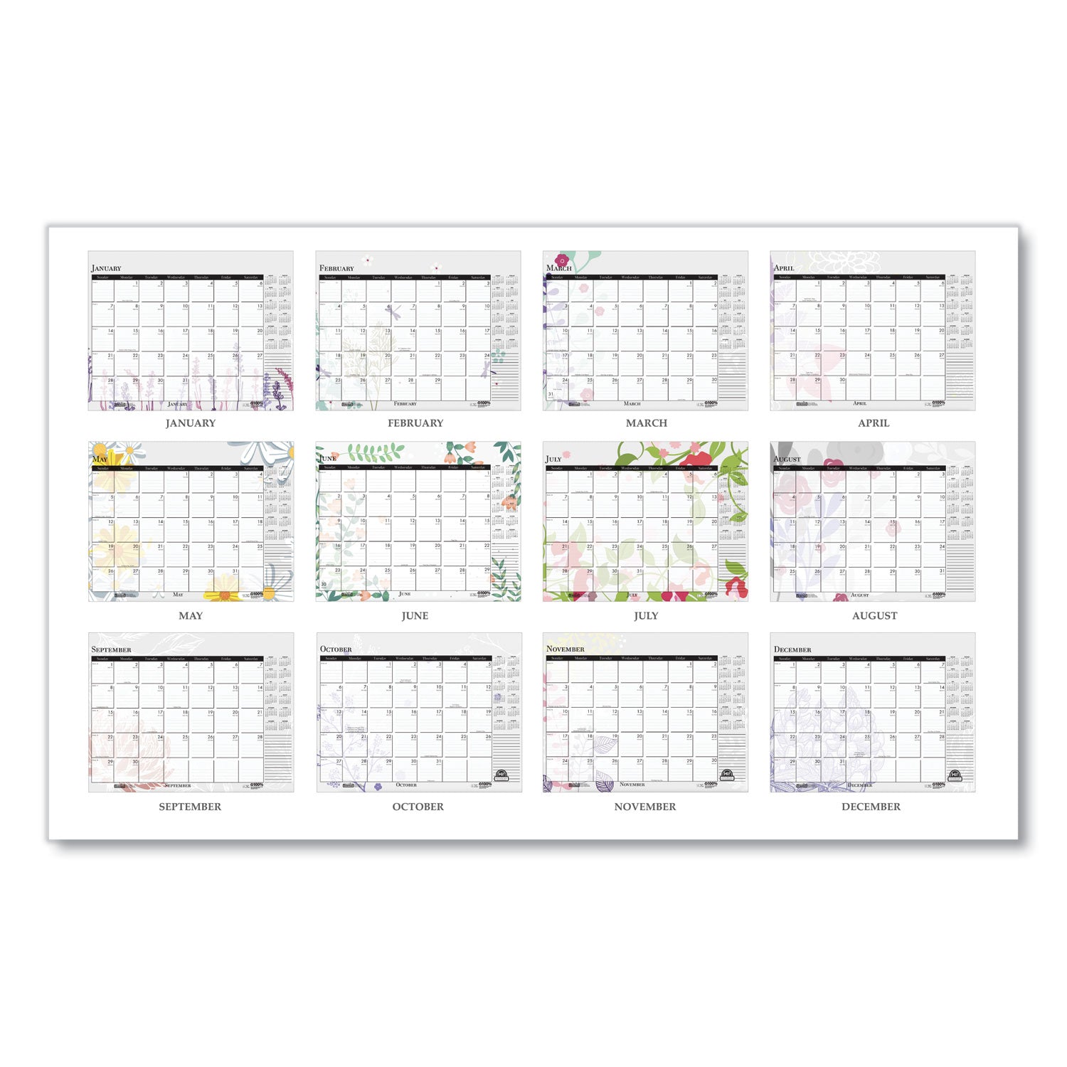 Recycled Desk Pad Calendar, Wild Flowers Artwork, 22 x 17, White Sheets, Black Binding/Corners,12-Month (Jan-Dec): 2024