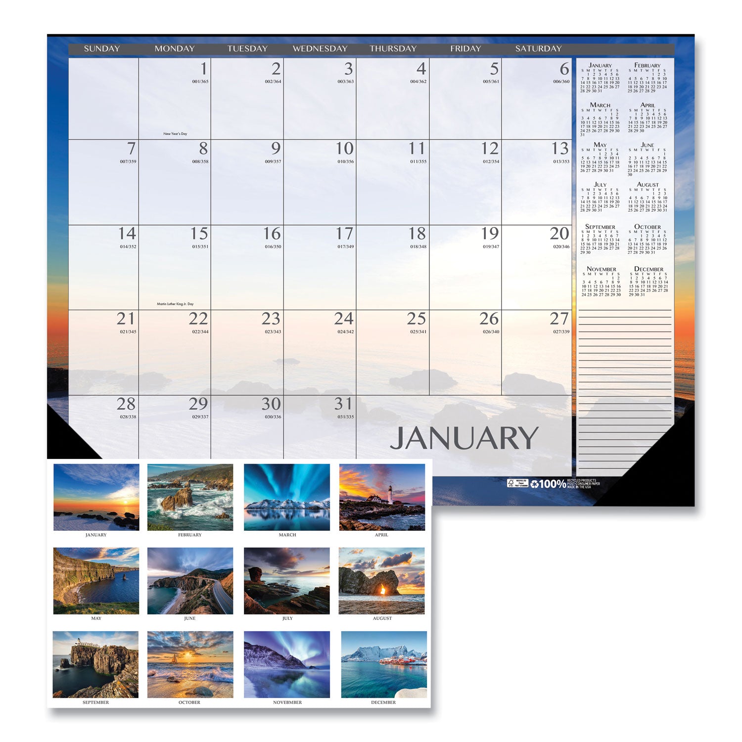recycled-earthscapes-desk-pad-calendar-seascapes-photography-22-x-17-black-binding-corners12-month-jan-to-dec-2024_hod138 - 1