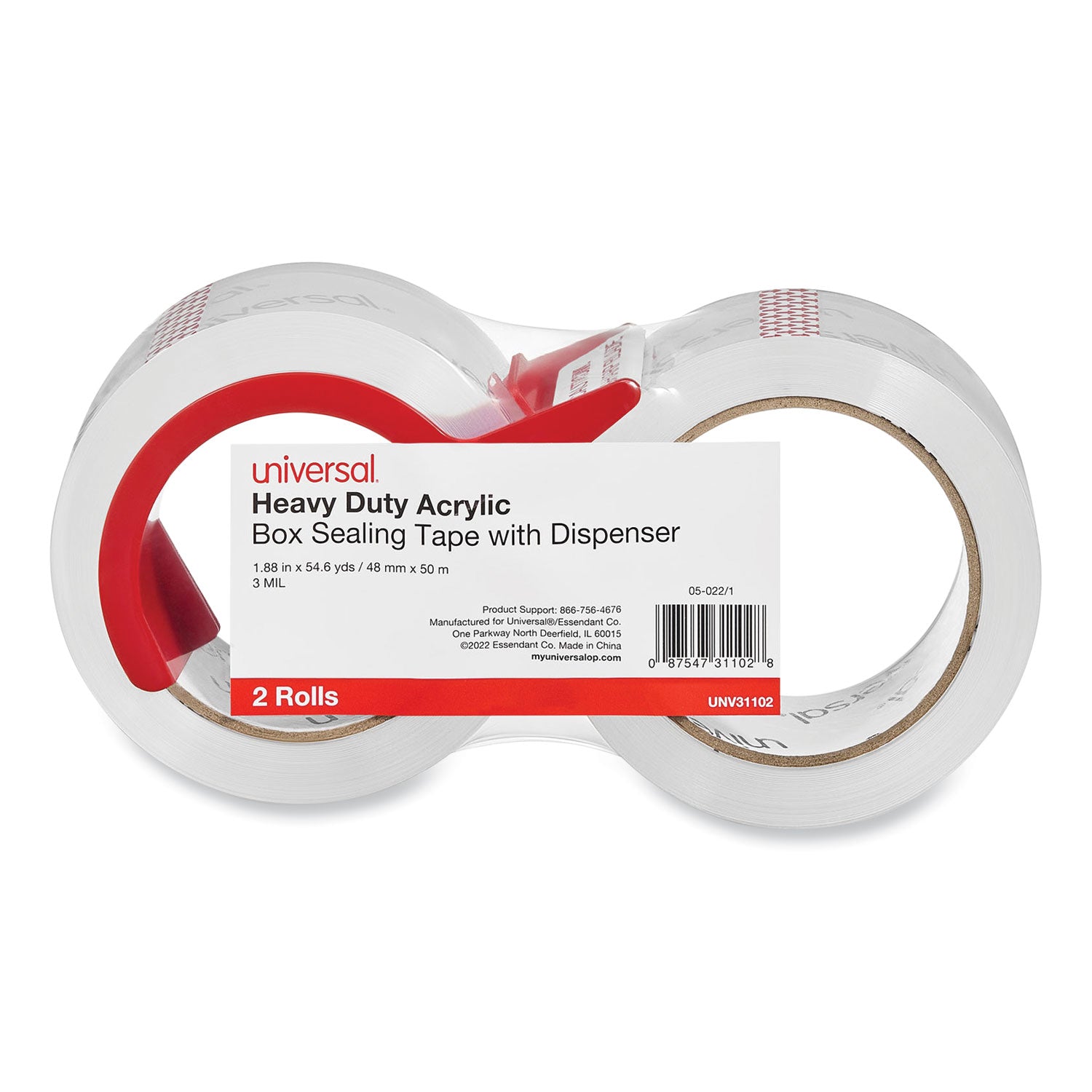 Heavy-Duty Acrylic Box Sealing Tape with Dispenser, 3" Core, 1.88" x 54.6 yds, Clear, 2/Pack - 