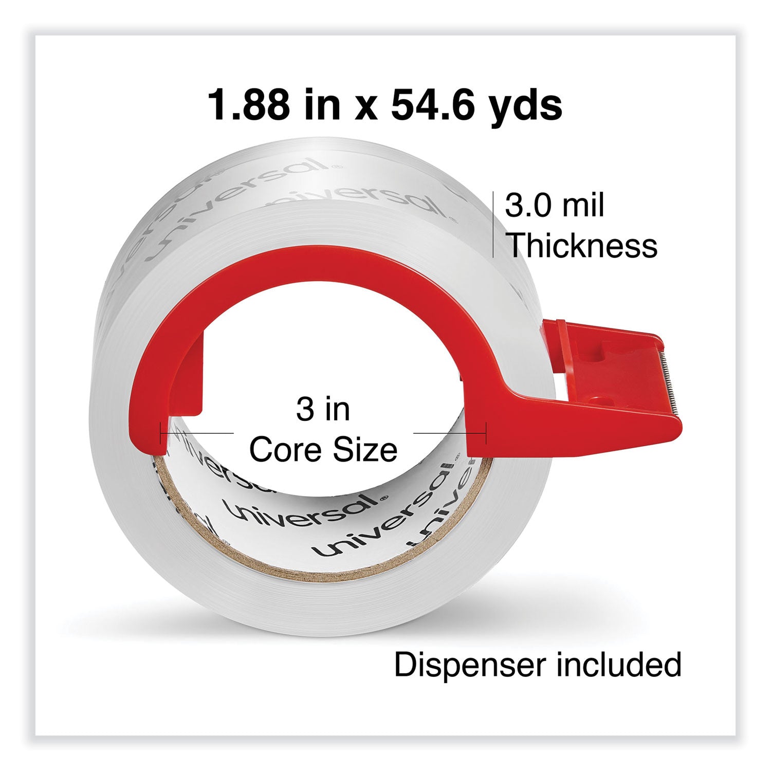 Heavy-Duty Acrylic Box Sealing Tape with Dispenser, 3" Core, 1.88" x 54.6 yds, Clear, 2/Pack - 
