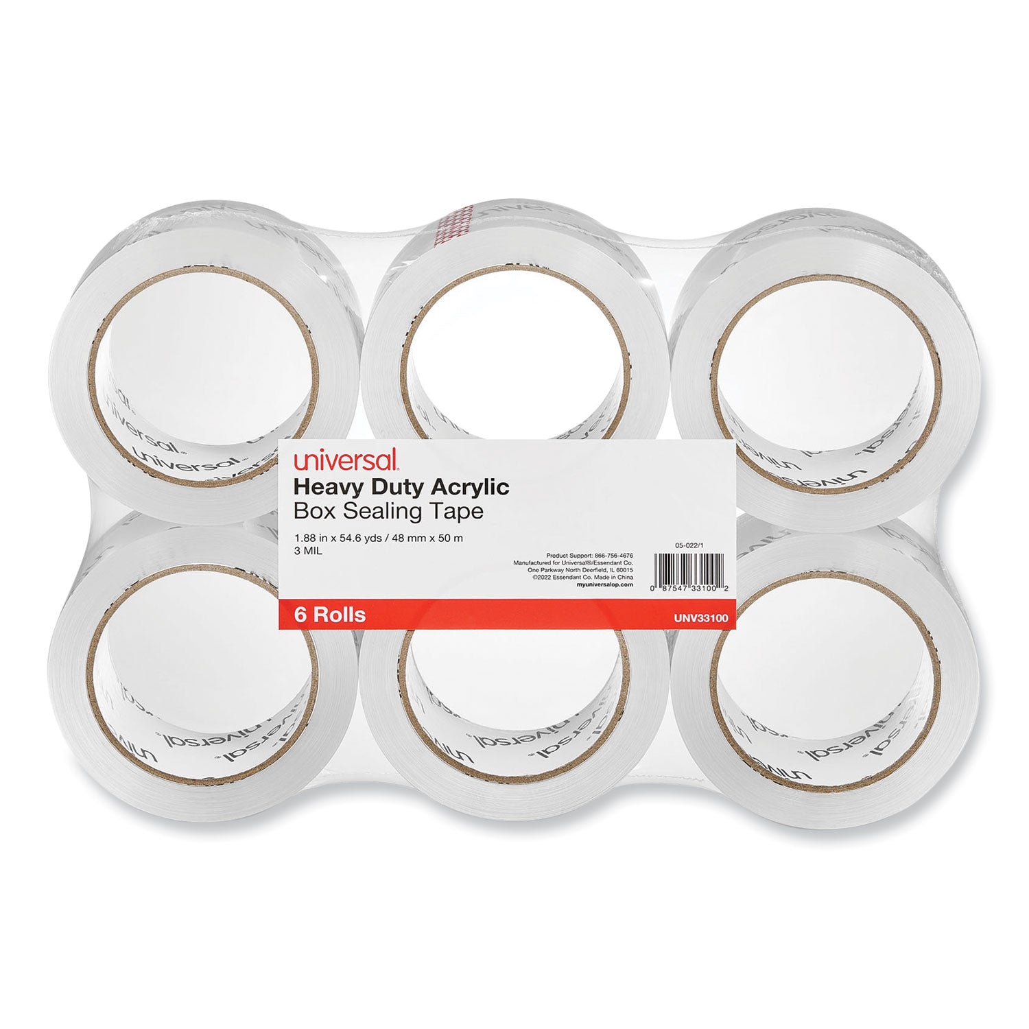 Heavy-Duty Acrylic Box Sealing Tape, 3" Core, 1.88" x 54.6 yds, Clear, 6/Pack - 