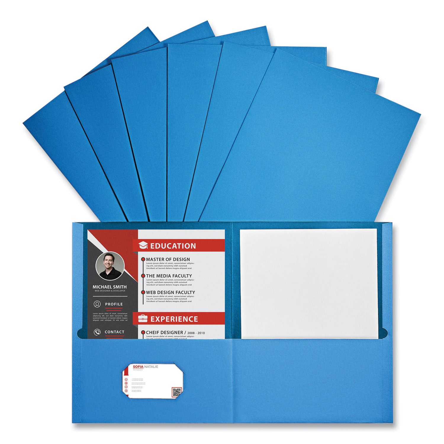 Two-Pocket Portfolio, Embossed Leather Grain Paper, 11 x 8.5, Light Blue, 25/Box - 