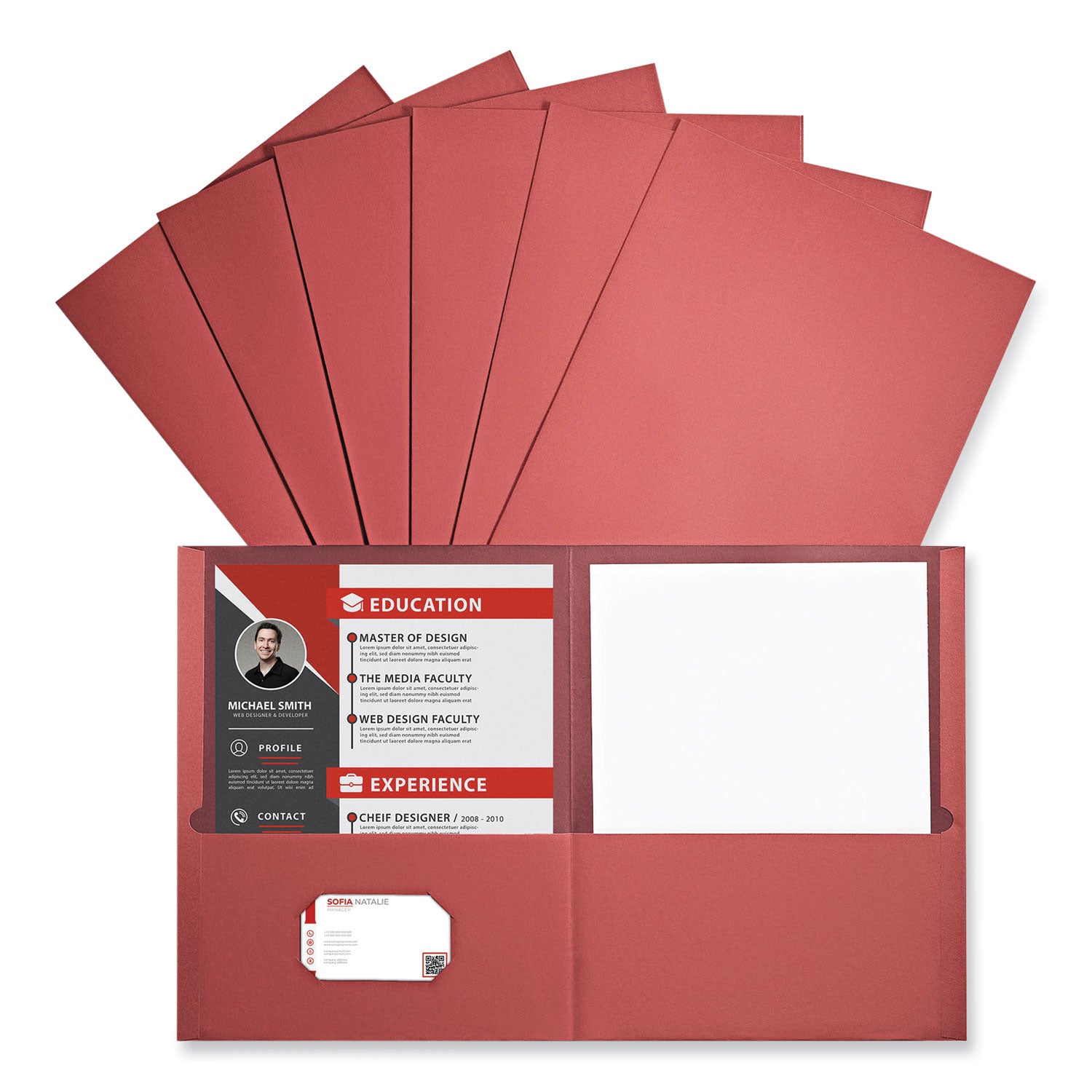 Two-Pocket Portfolio, Embossed Leather Grain Paper, 11 x 8.5, Red, 25/Box - 