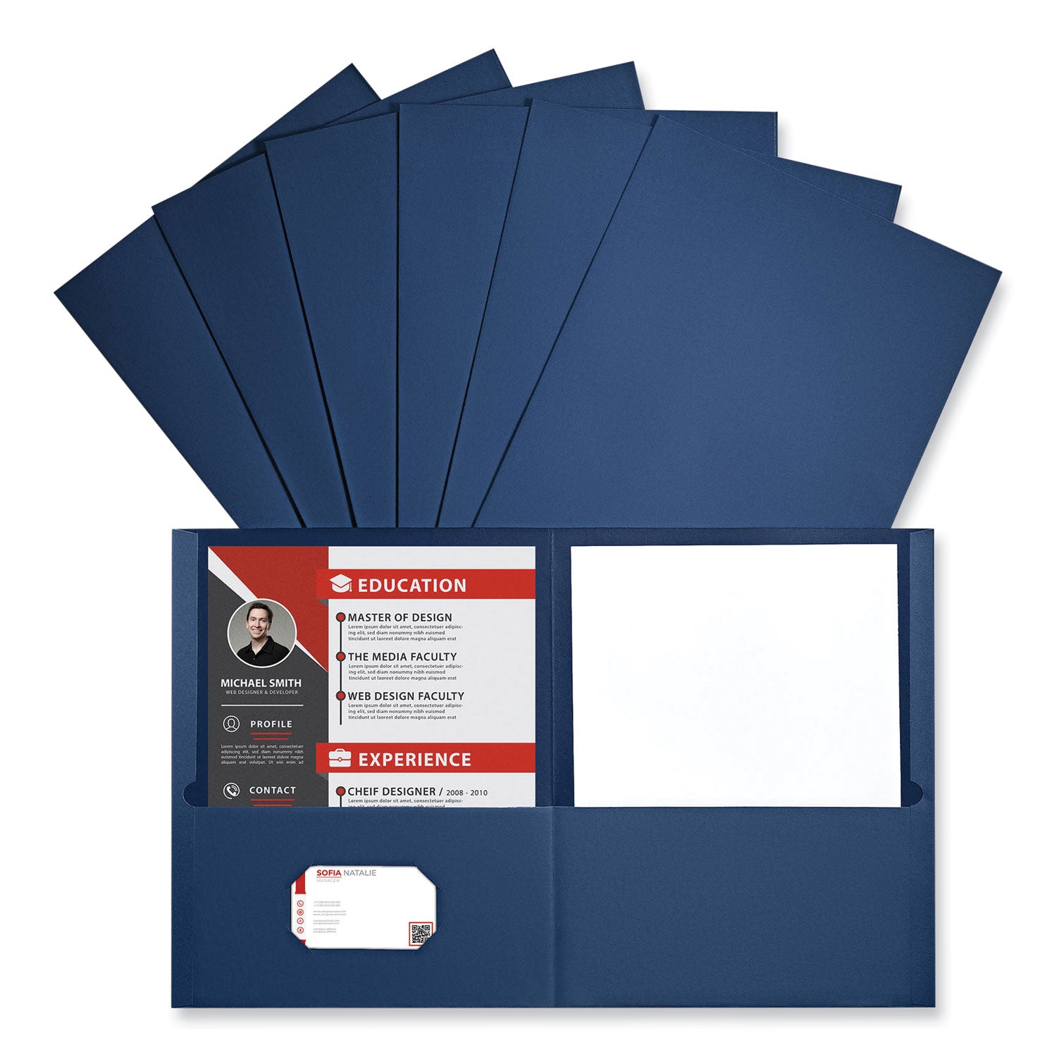 Two-Pocket Portfolio, Embossed Leather Grain Paper, 11 x 8.5, Dark Blue, 25/Box - 