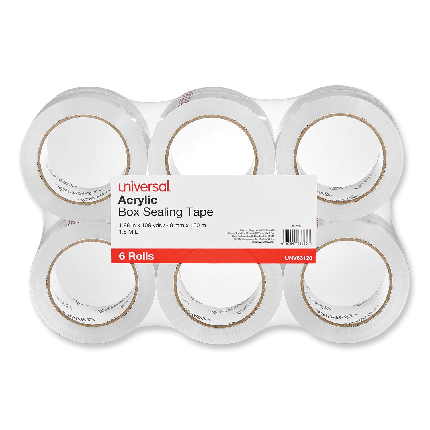 Deluxe General-Purpose Acrylic Box Sealing Tape, 1.7 mil, 3" Core, 1.88" x 109 yds, Clear, 6/Pack - 