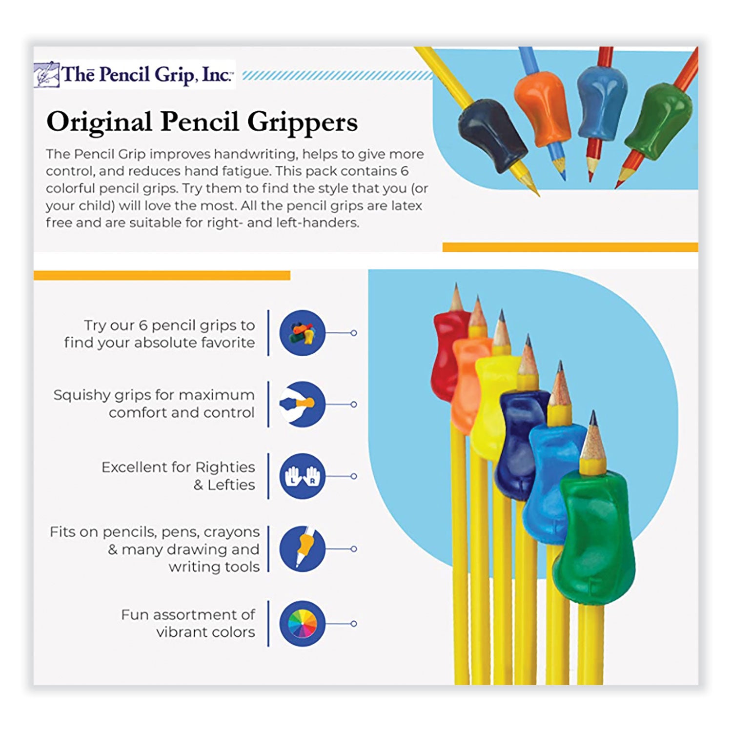 Original Grip, 2.1" Long, Assorted Colors, 6/Pack