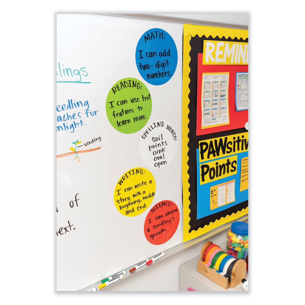 Self Stick Dry Erase Circles, 10 x 10, Blue/Green/Red/White/Yellow Surfaces, 10/Pack