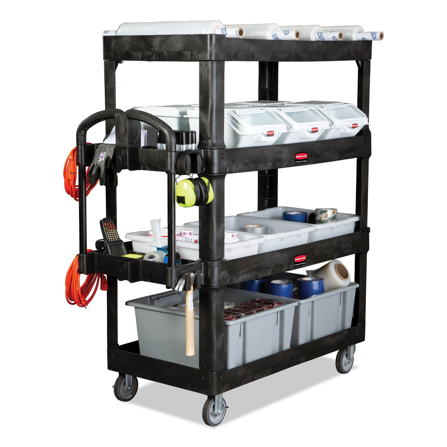 brute-heavy-duty-ergo-utility-cart-plastic-4-shelves-700-lb-capacity-2435-x-541-x-624-black_rcp2128657 - 3