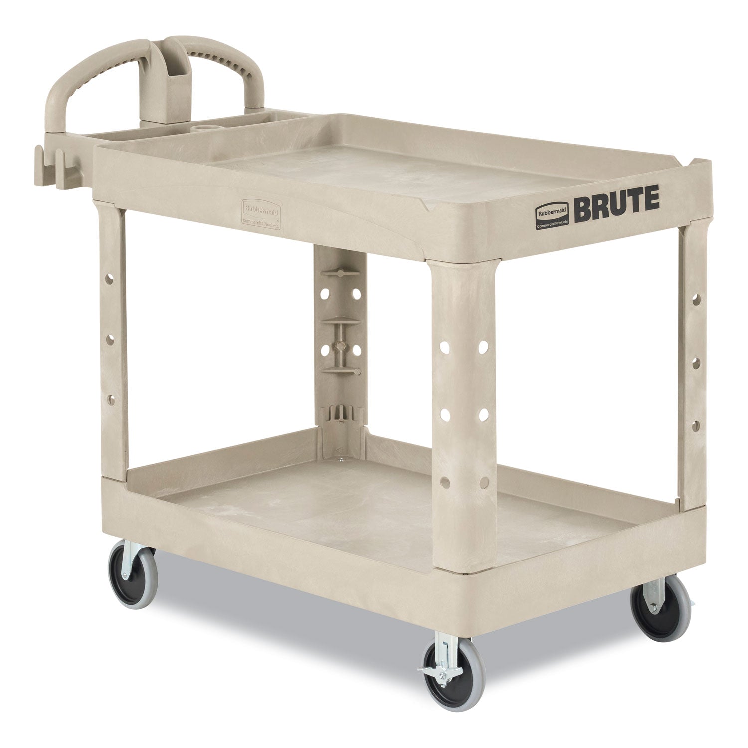 BRUTE Heavy-Duty Utility Cart with Lipped Shelves, Plastic, 2 Shelves, 500 lb Capacity, 17.13" x 38.5" x 38.88", Beige - 