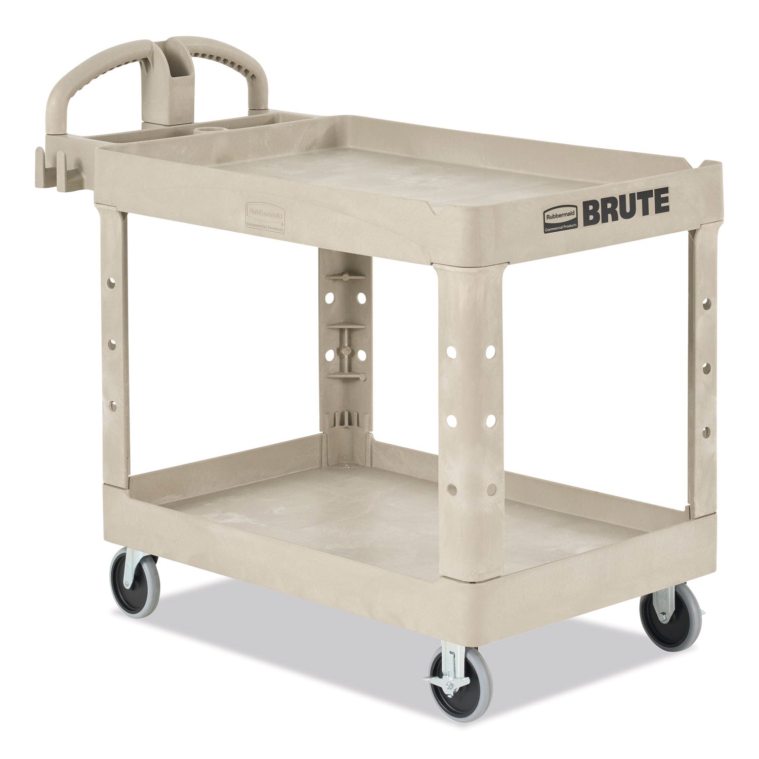 BRUTE Heavy-Duty Utility Cart with Lipped Shelves, Plastic, 2 Shelves, 500 lb Capacity, 25.9" x 45.2" x 32.2", Beige - 