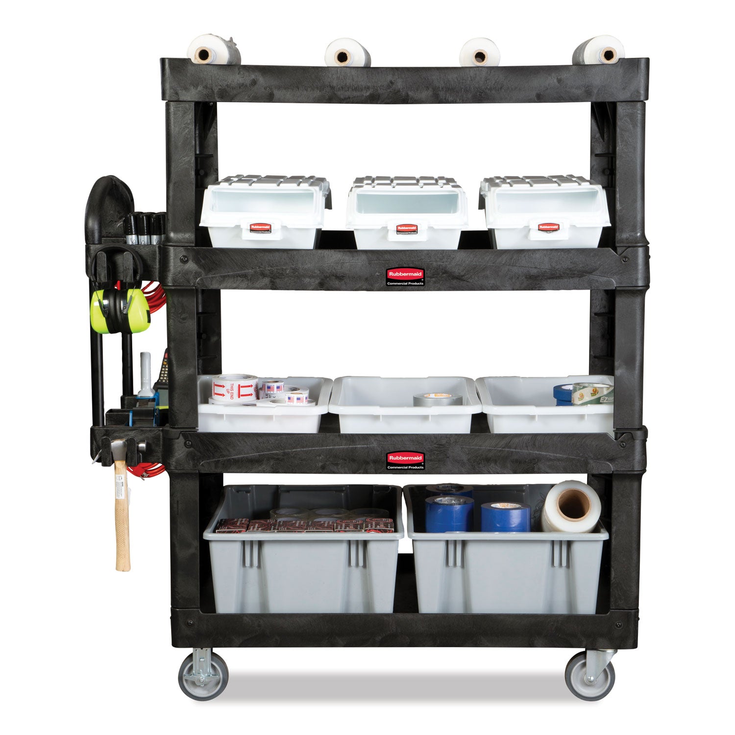 brute-heavy-duty-ergo-utility-cart-plastic-4-shelves-700-lb-capacity-2435-x-541-x-624-black_rcp2128657 - 2