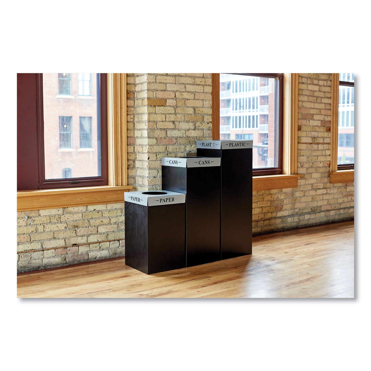 Public Square Recycling Receptacles, Can Recycling, 37 gal, Steel, Black - 