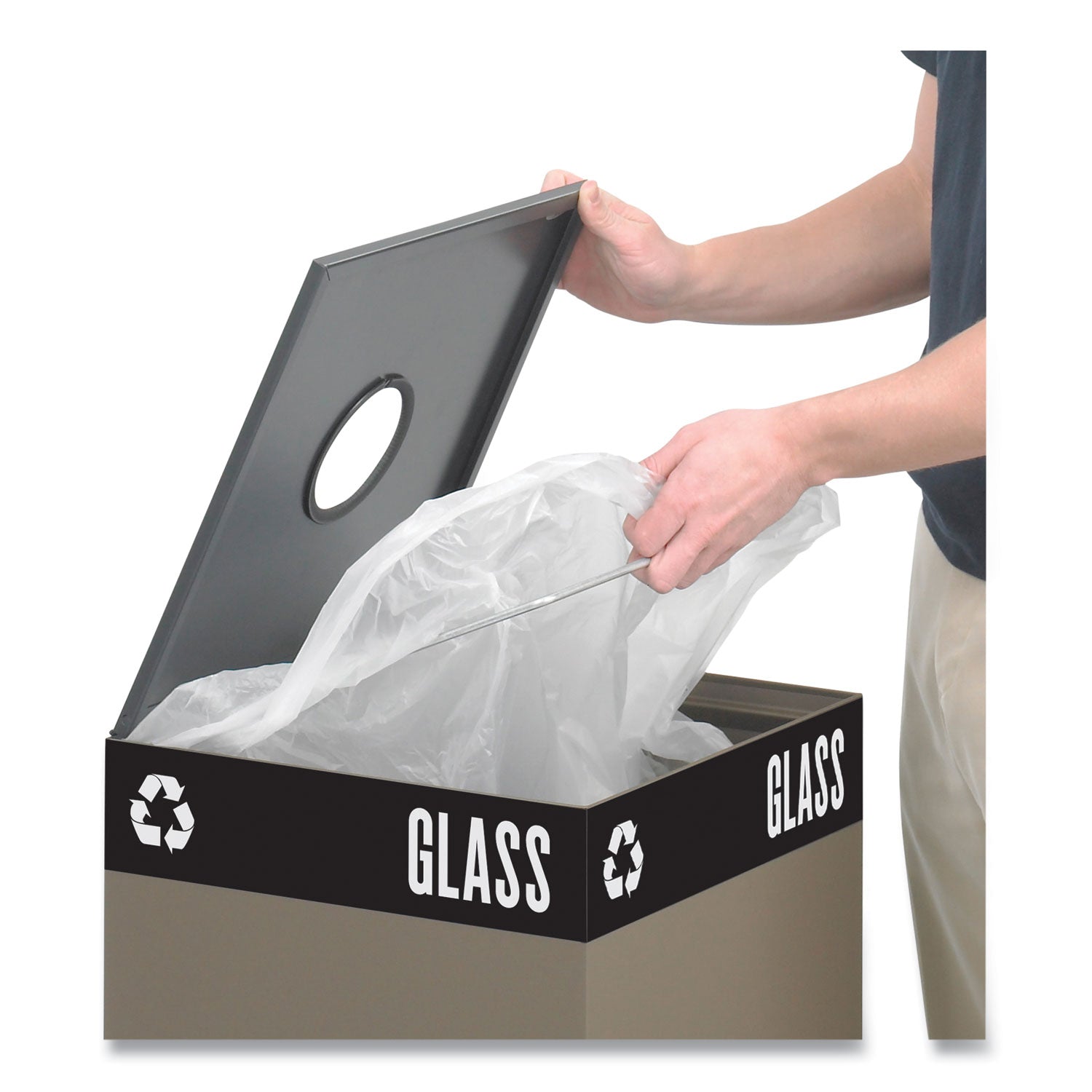 Public Square Recycling Receptacles, Can Recycling, 37 gal, Steel, Black - 