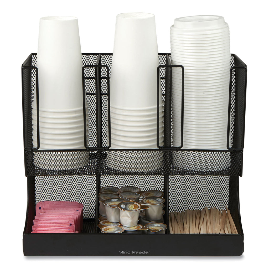 Network Collection 2-Tier 6-Compartment Coffee Cup and Condiment Countertop Organizer, 5 x 13 x 11.5, Black