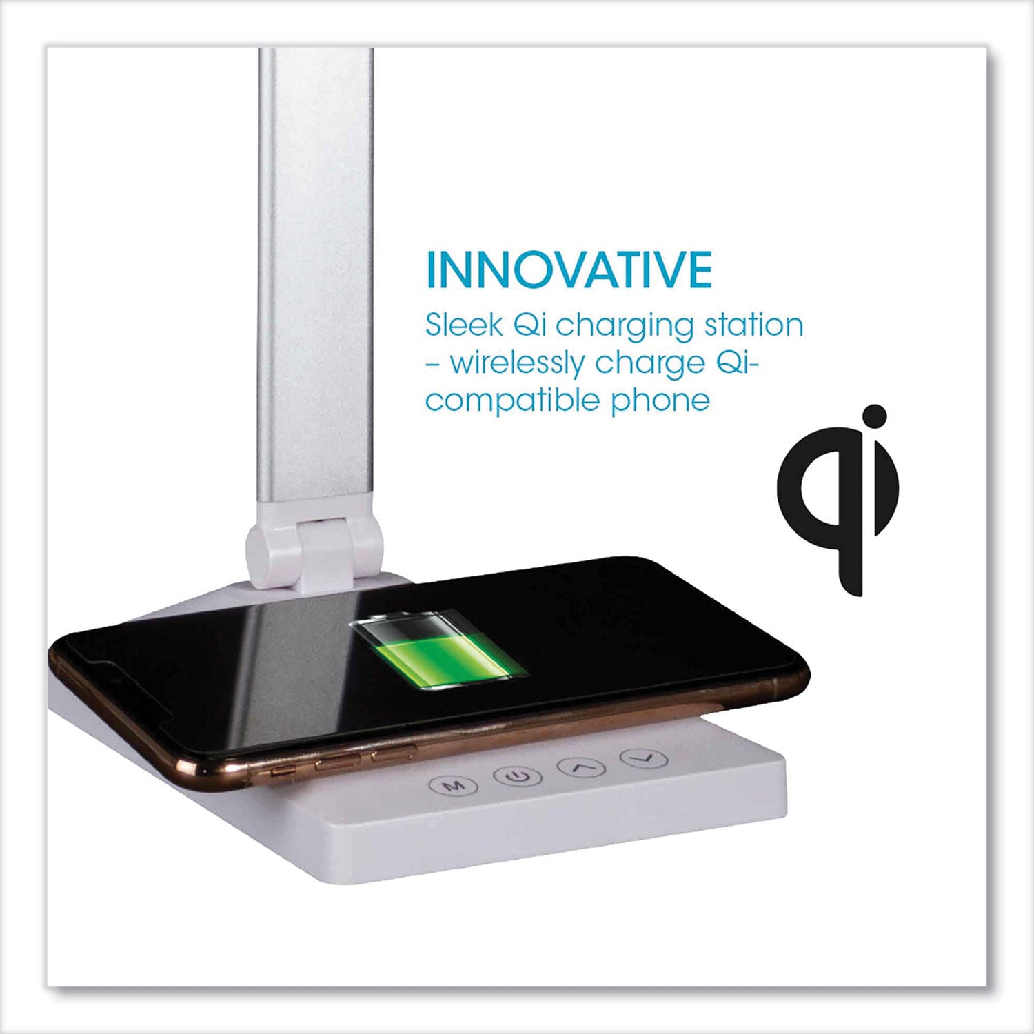 Wellness Series Entice LED Desk Lamp with Wireless Charging, Silver Arm, 11" to 22" High, White, Ships in 4-6 Business Days