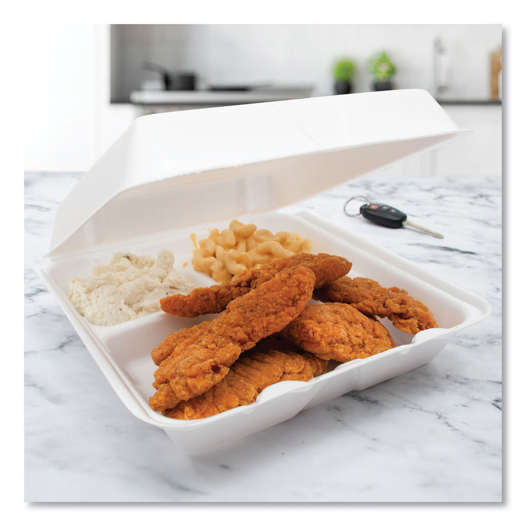 Foam Hinged Lid Containers, 3-Compartment, 9.25 x 9.5 x 3, White, 200/Carton