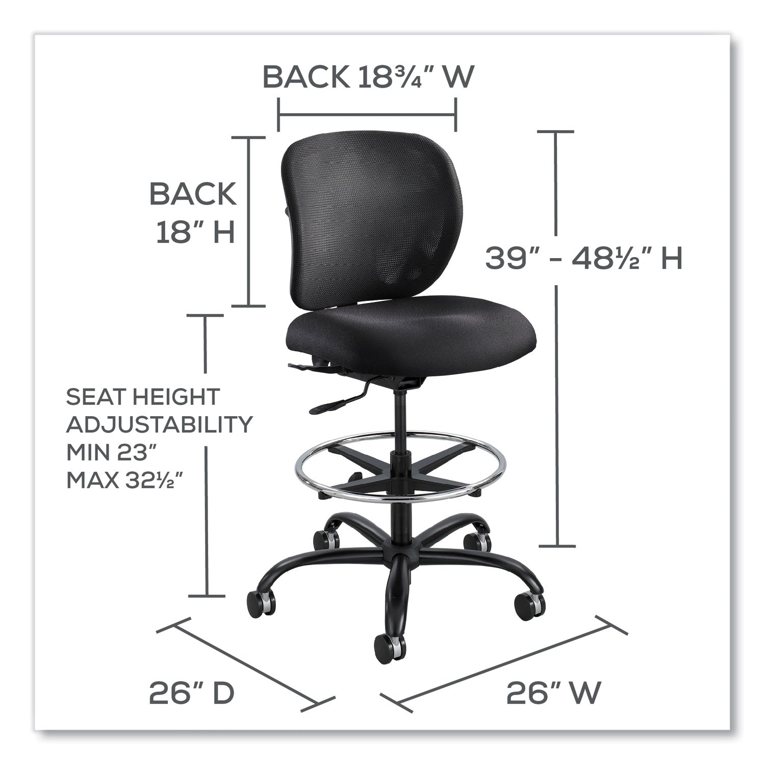 Vue Heavy-Duty Extended-Height Stool, Supports Up to 350 lb, 23" to 32.5" Seat Height, Black Vinyl Seat, Black Base