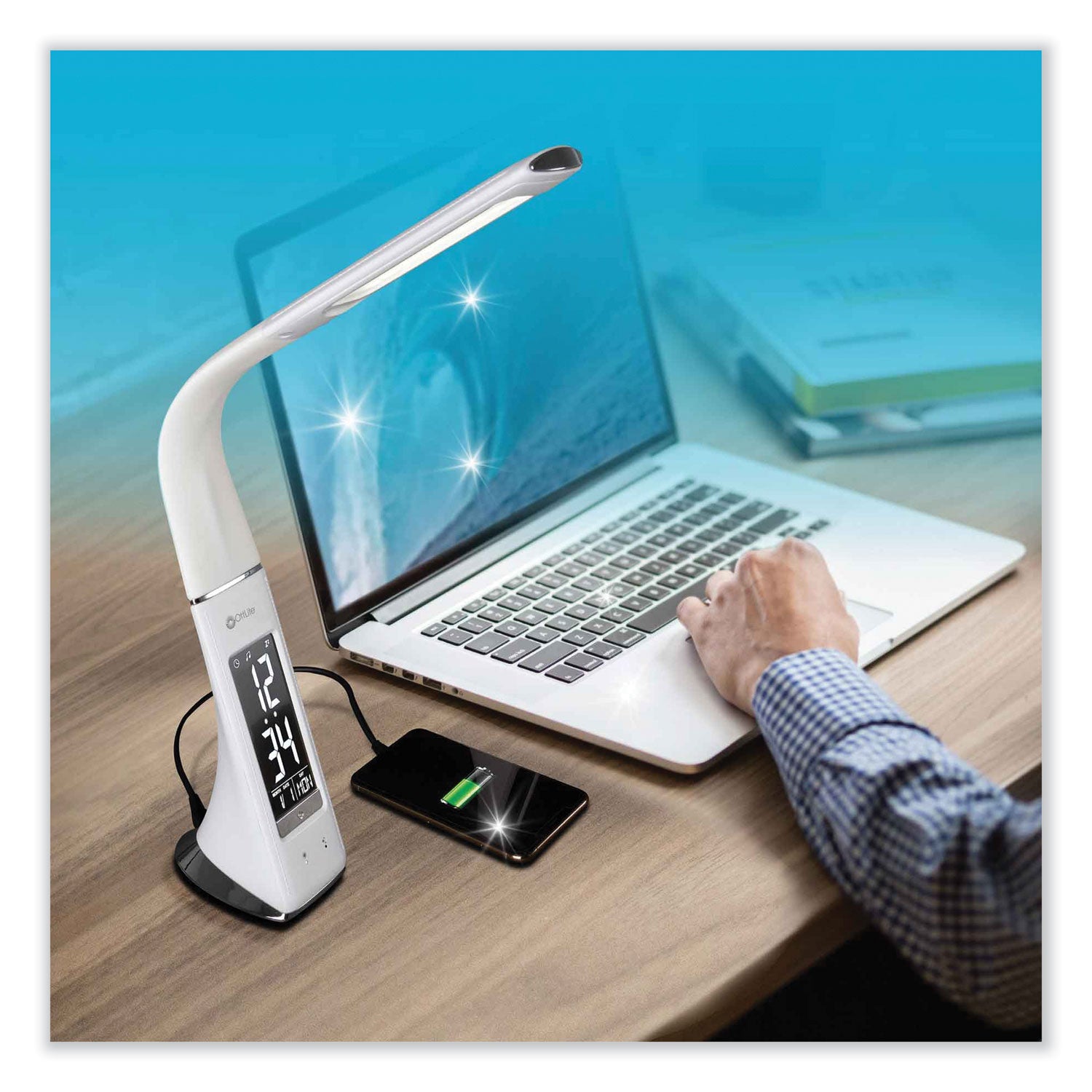 Wellness Series Sanitizing Thrive LED Desk Lamp with Clock, 10" to 18.75", White, Ships in 4-6 Business Days