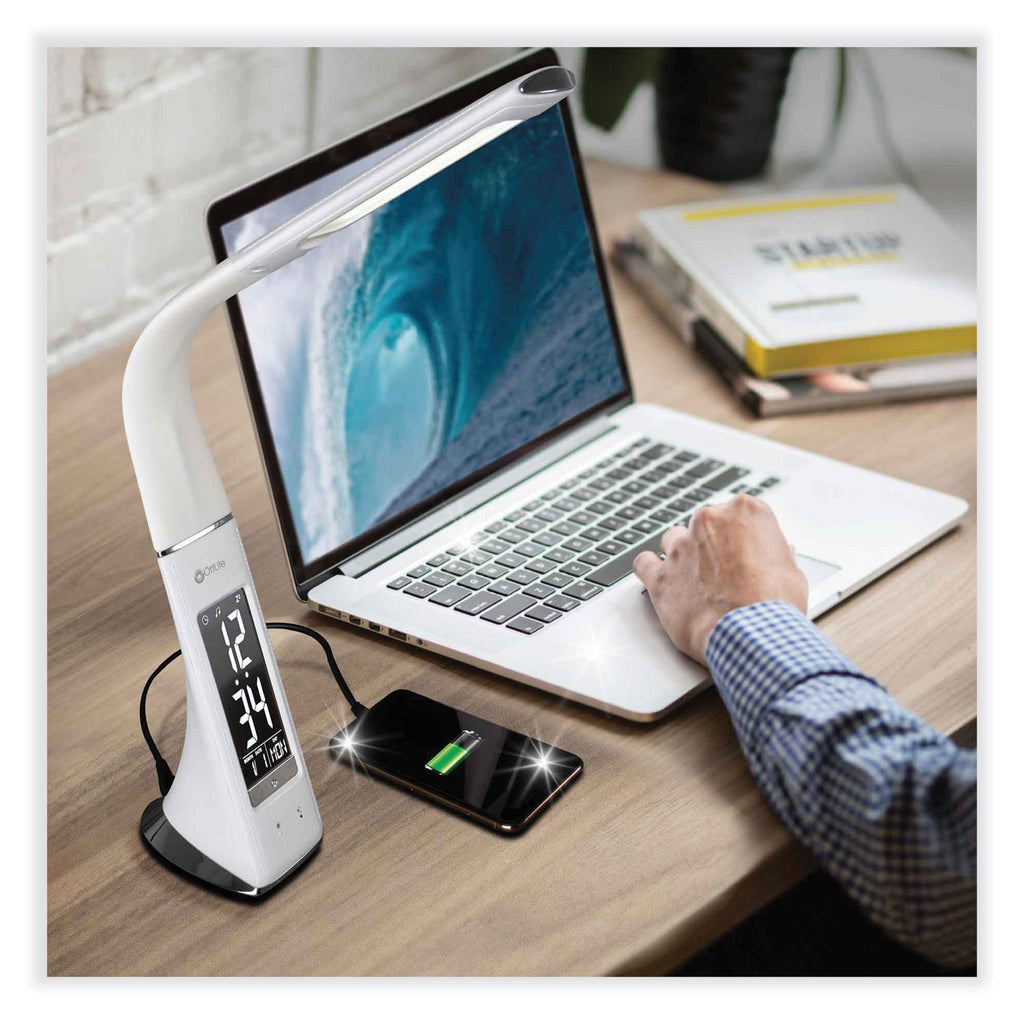 Wellness Series Sanitizing Thrive LED Desk Lamp with Clock, 10" to 18.75", White, Ships in 4-6 Business Days