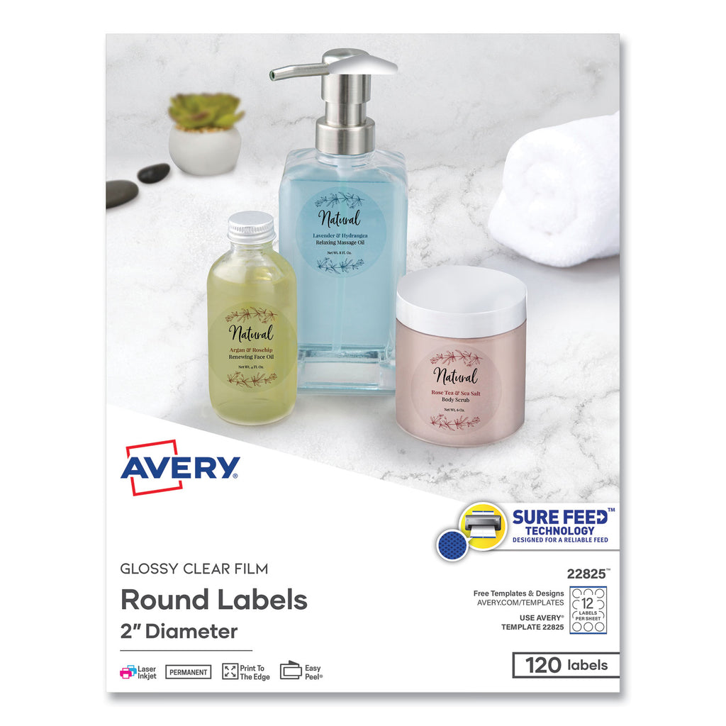 Round Print-to-the Edge Labels with Sure Feed and Easy Peel, 2" dia, Glossy Clear, 120/PK