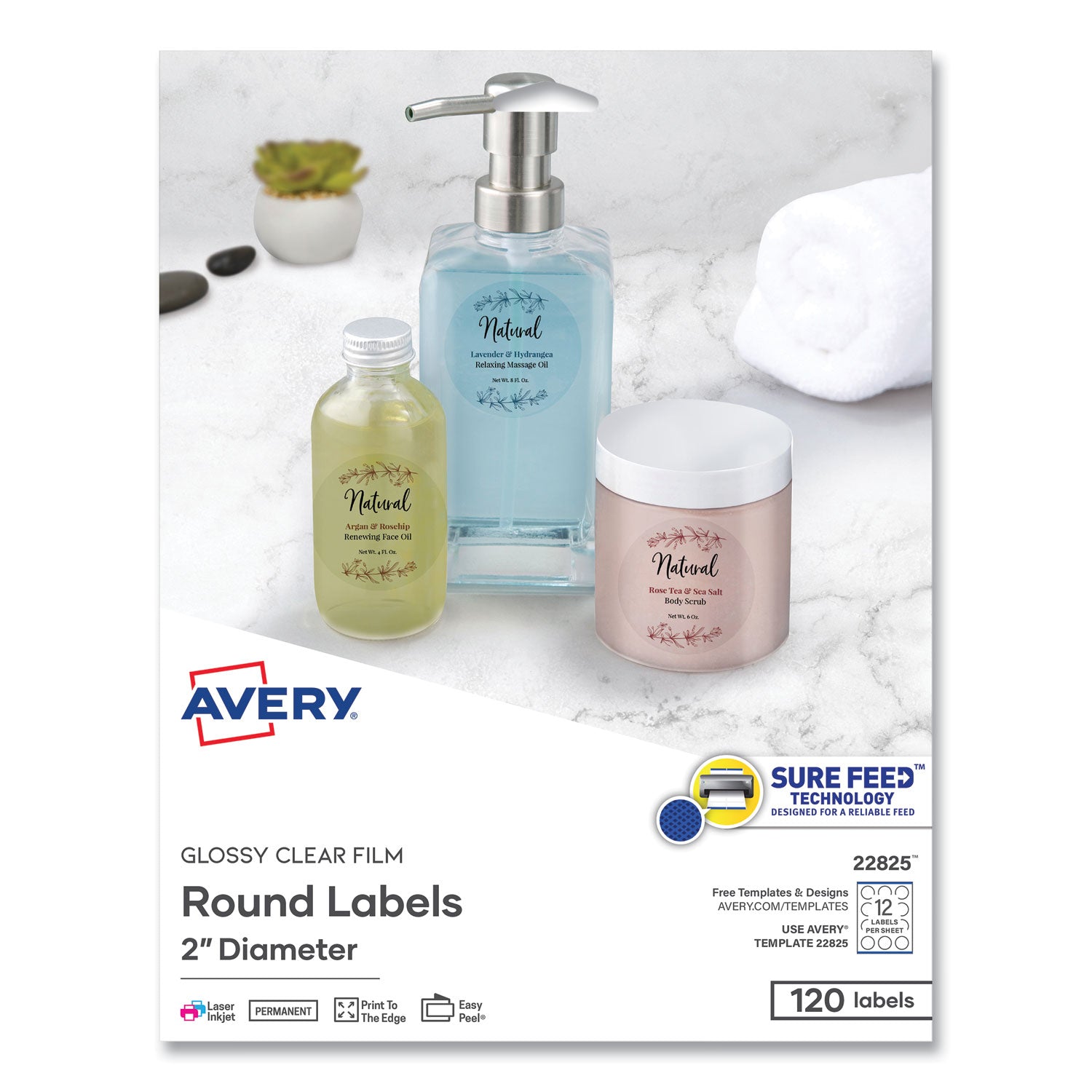 Round Print-to-the Edge Labels with Sure Feed and Easy Peel, 2" dia, Glossy Clear, 120/PK