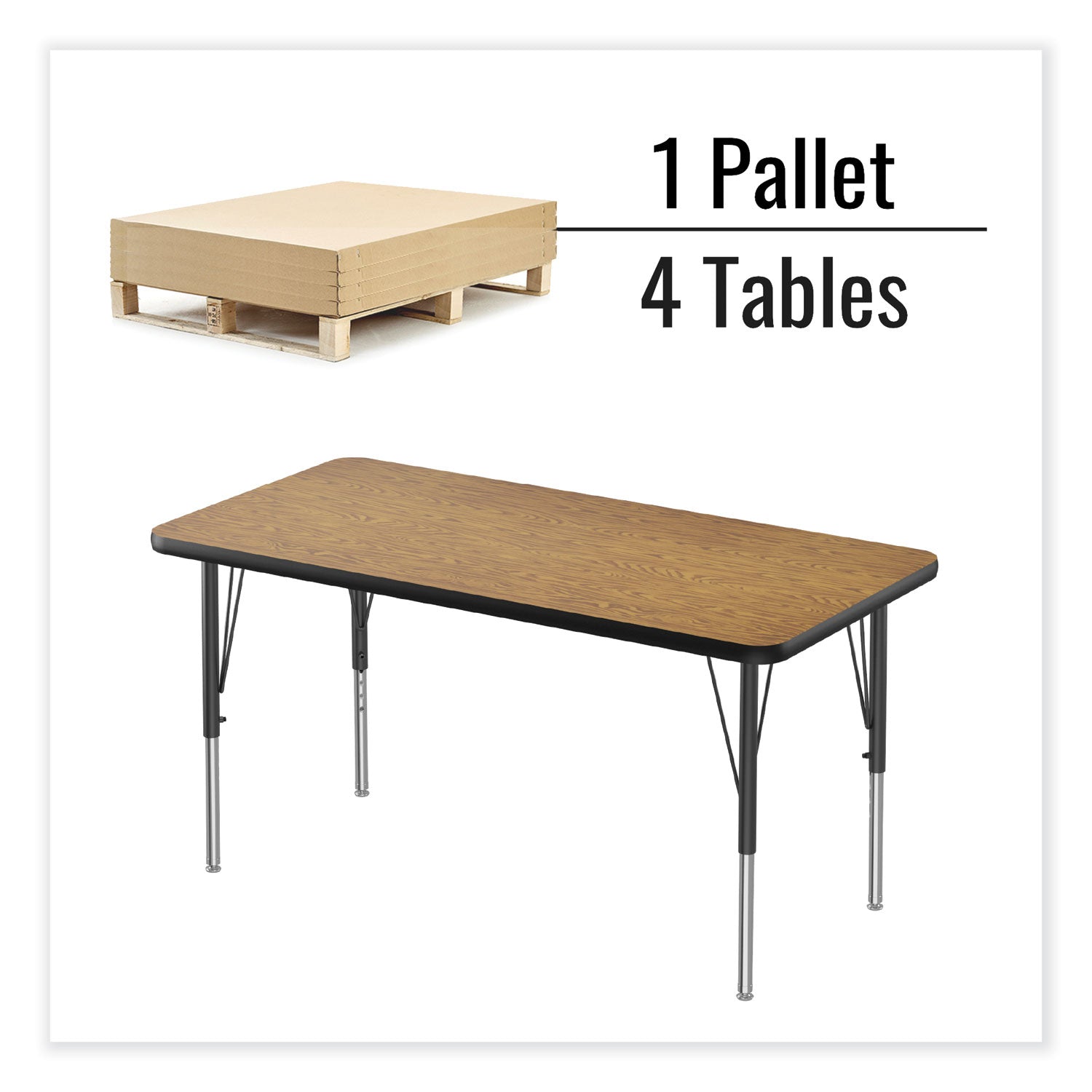 Adjustable Activity Table, Rectangular, 48" x 24" x 19" to 29", Med Oak Top, Black Legs, 4/Pallet, Ships in 4-6 Business Days