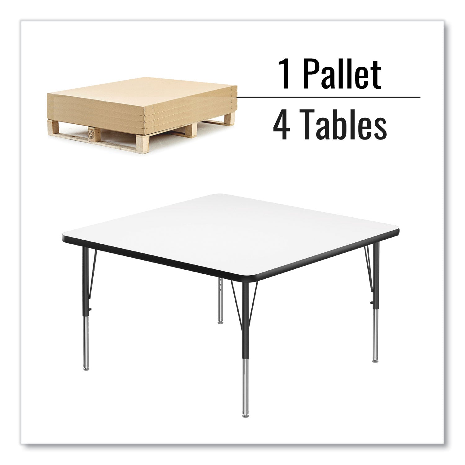 Markerboard Activity Tables, Square, 48" x 48" x 19" to 29", White Top, Black Legs, 4/Pallet, Ships in 4-6 Business Days