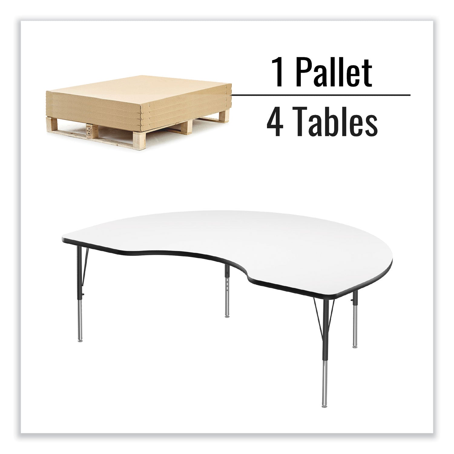 Markerboard Activity Table, Kidney Shape, 72" x 48" x 19" to 29", White Top, Black Legs, 4/Pallet, Ships in 4-6 Business Days