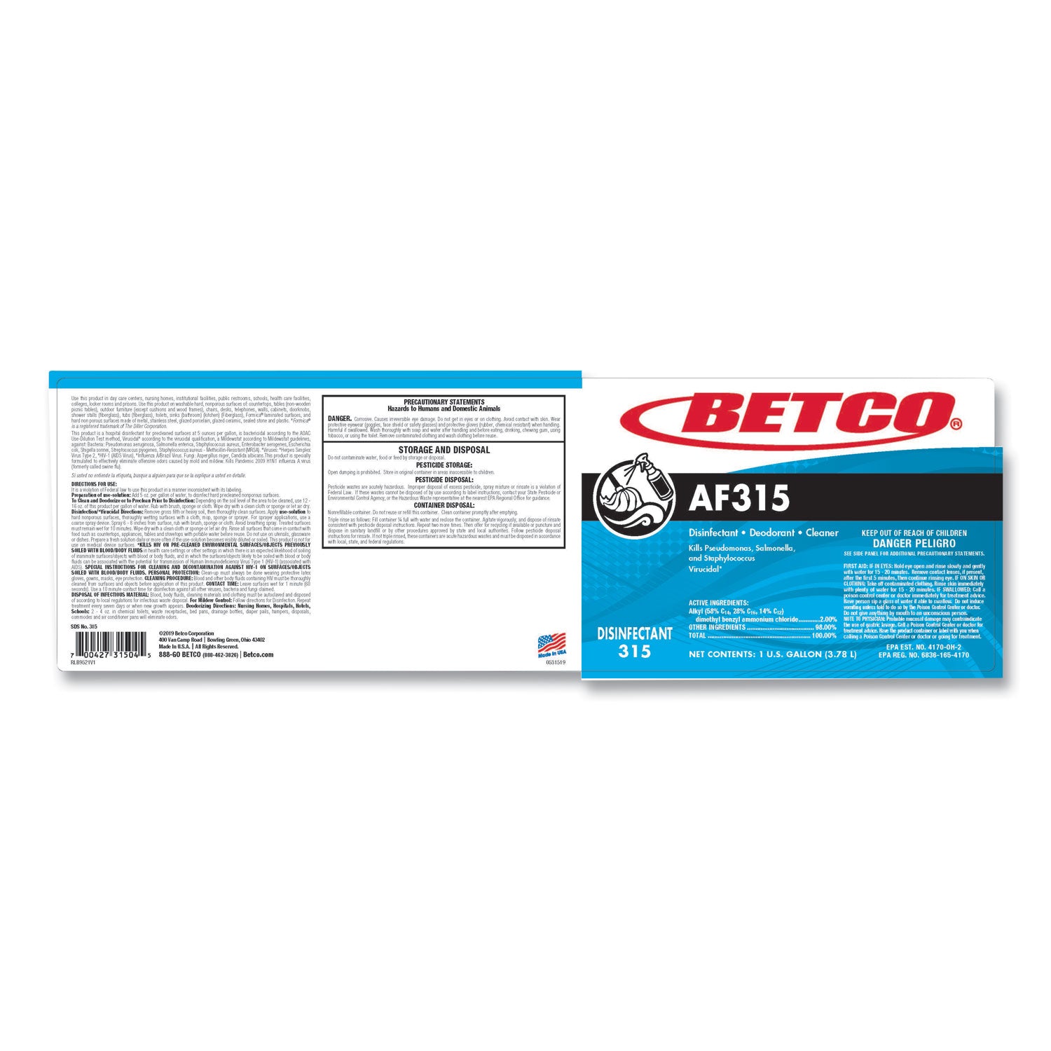 AF315 Disinfectant Cleaner, Citrus Floral Scent, 1 gal Bottle, 4/Carton