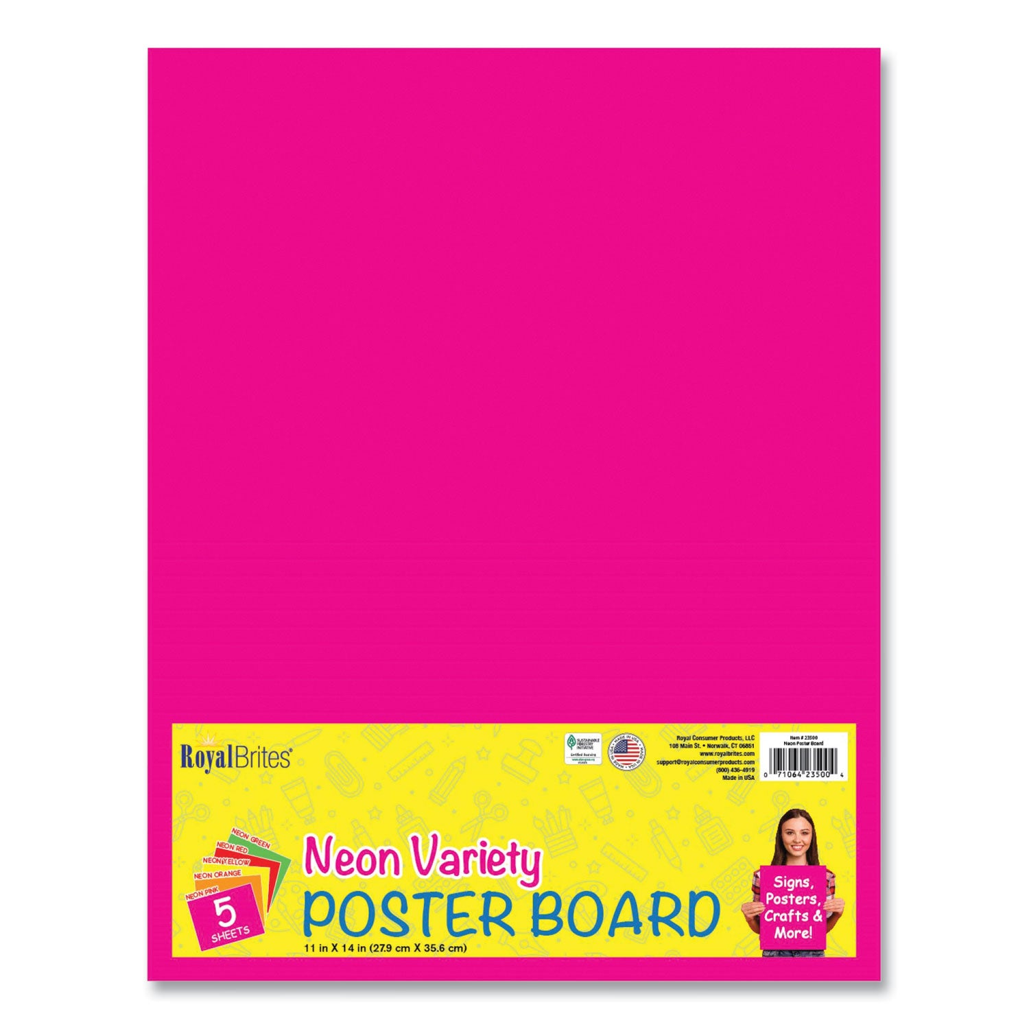 Premium Coated Poster Board, 11 x 14, Assorted Neon Colors, 5/Pack