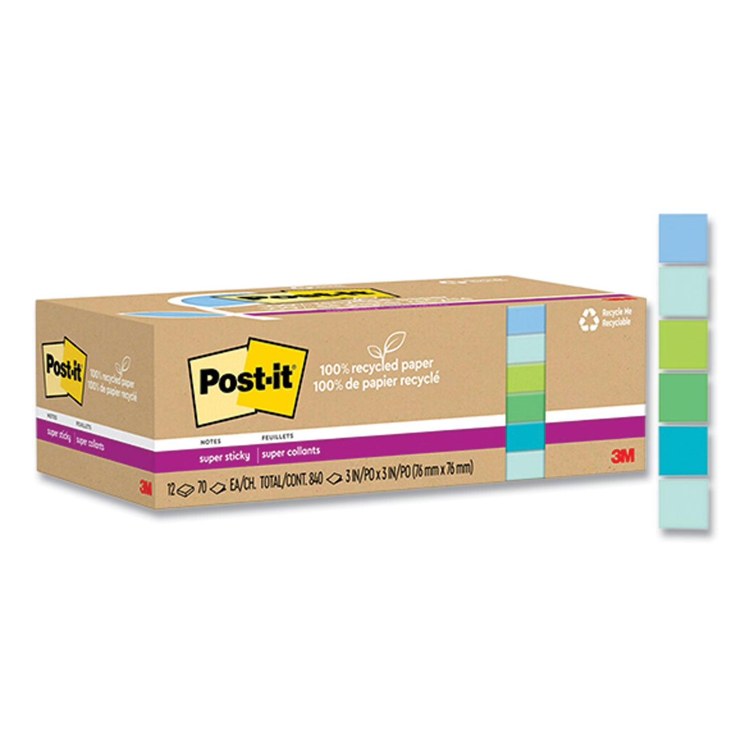 100%-recycled-paper-super-sticky-notes-unruled-3-x-3-assorted-oasis-colors-70-sheets-pad-12-pads-pack_mmm654r12sst - 1