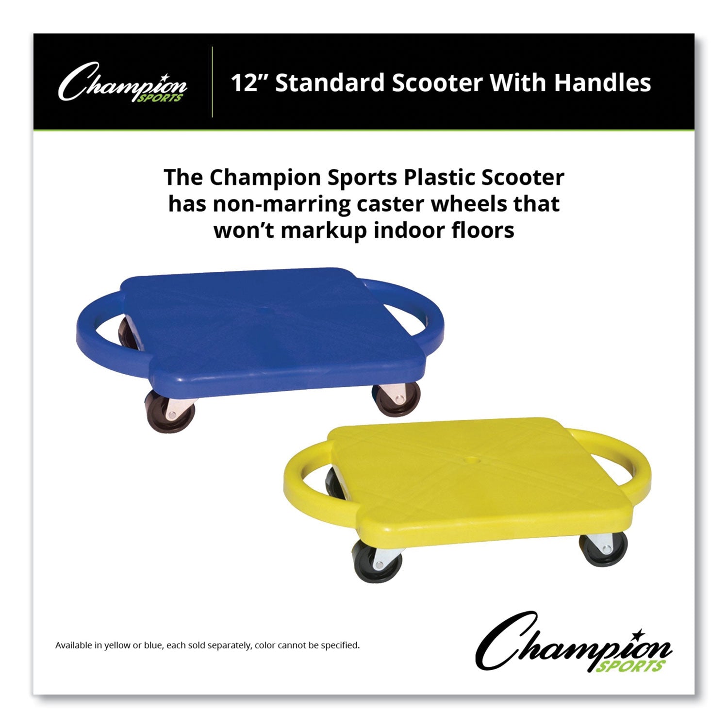 Scooter with Handles, Blue/Yellow, 4 Rubber Swivel Casters, Plastic, 12 x 12 - 