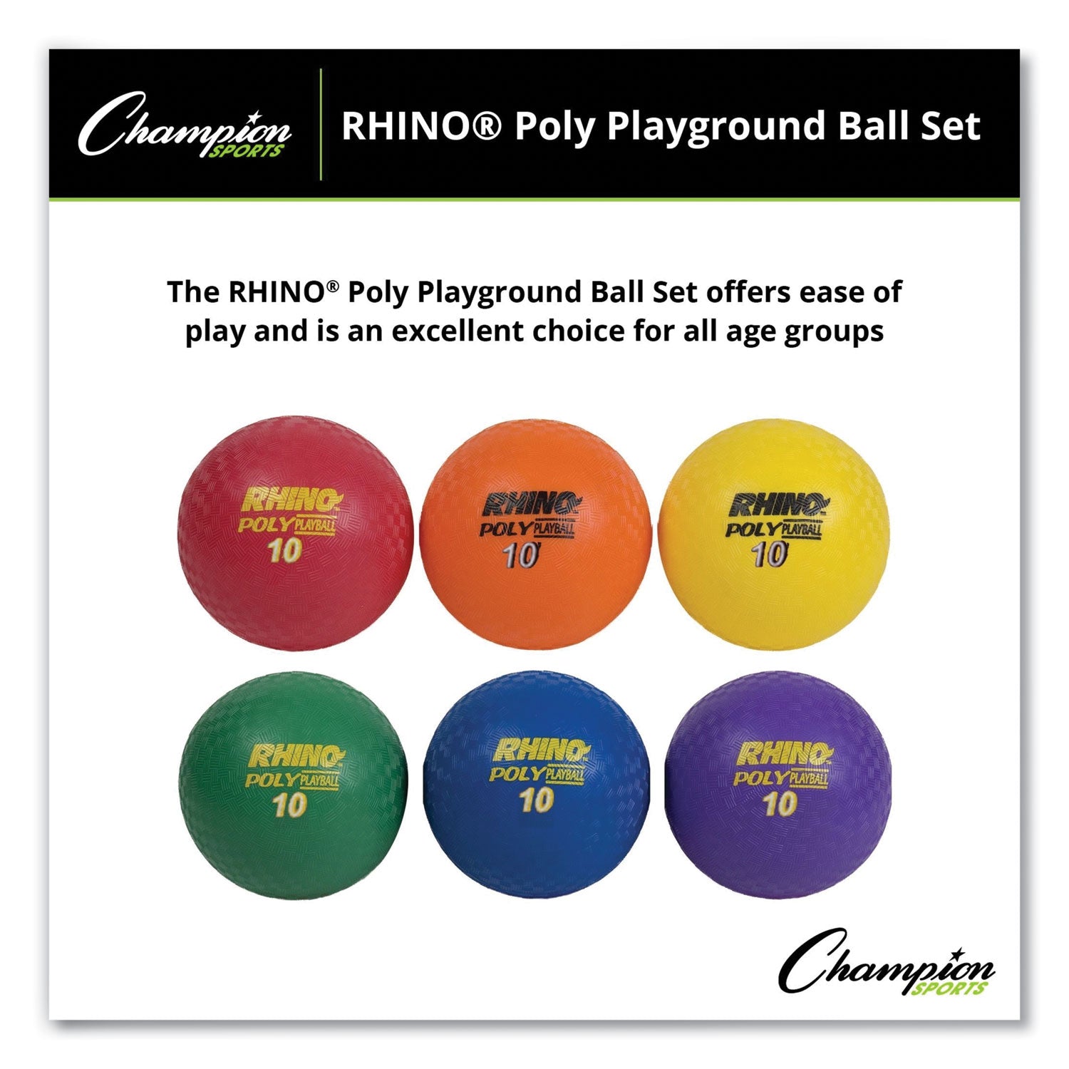 Rhino Playground Ball Set, 10" Diameter, Rubber, Assorted Colors, 6/Set - 