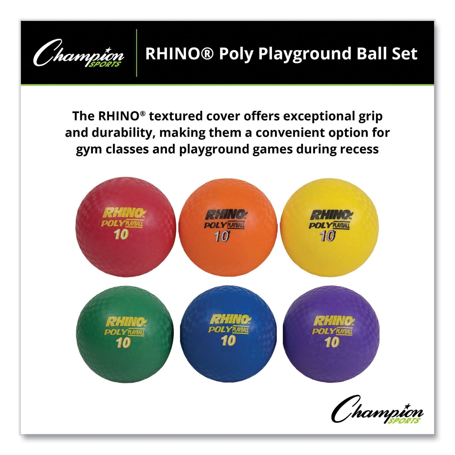 Rhino Playground Ball Set, 10" Diameter, Rubber, Assorted Colors, 6/Set - 