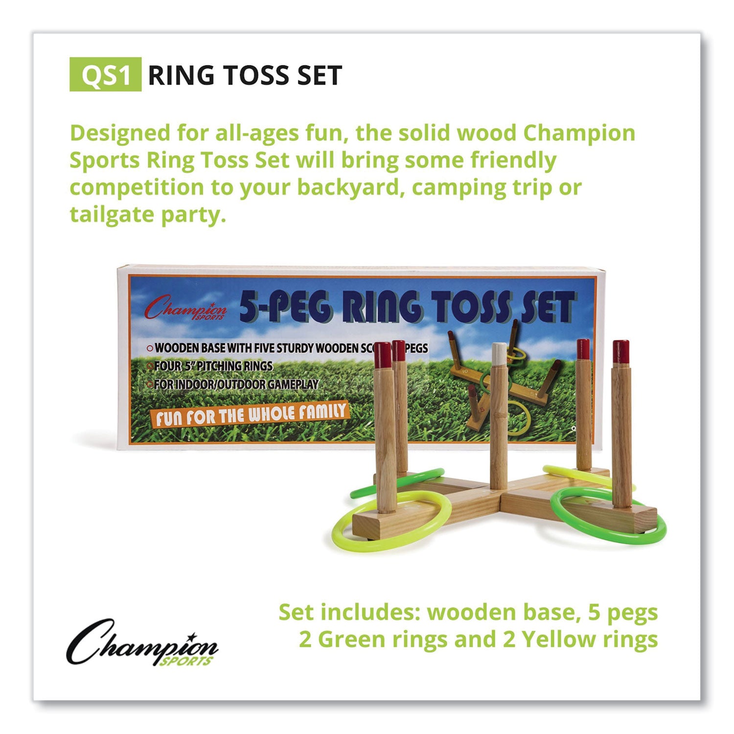 Ring Toss Set, Plastic/Wood, Assorted Colors, 5 Pegs, 4 Rings - 