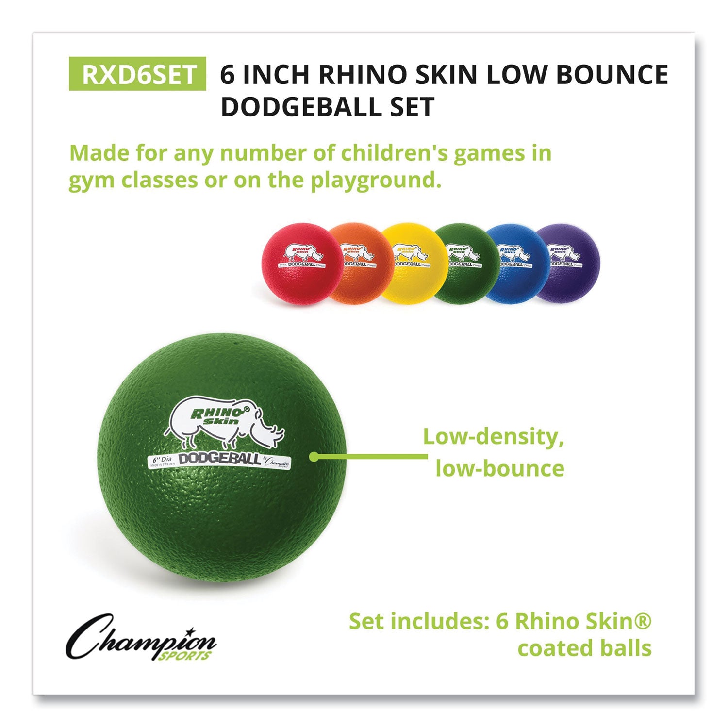 Rhino Skin Dodge Ball Set, 6" Diameter, Assorted Colors, 6/Set - 