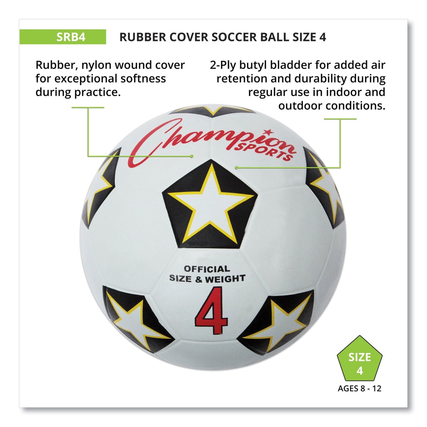 Rubber Sports Ball, For Soccer, No. 4 Size, White/Black - 