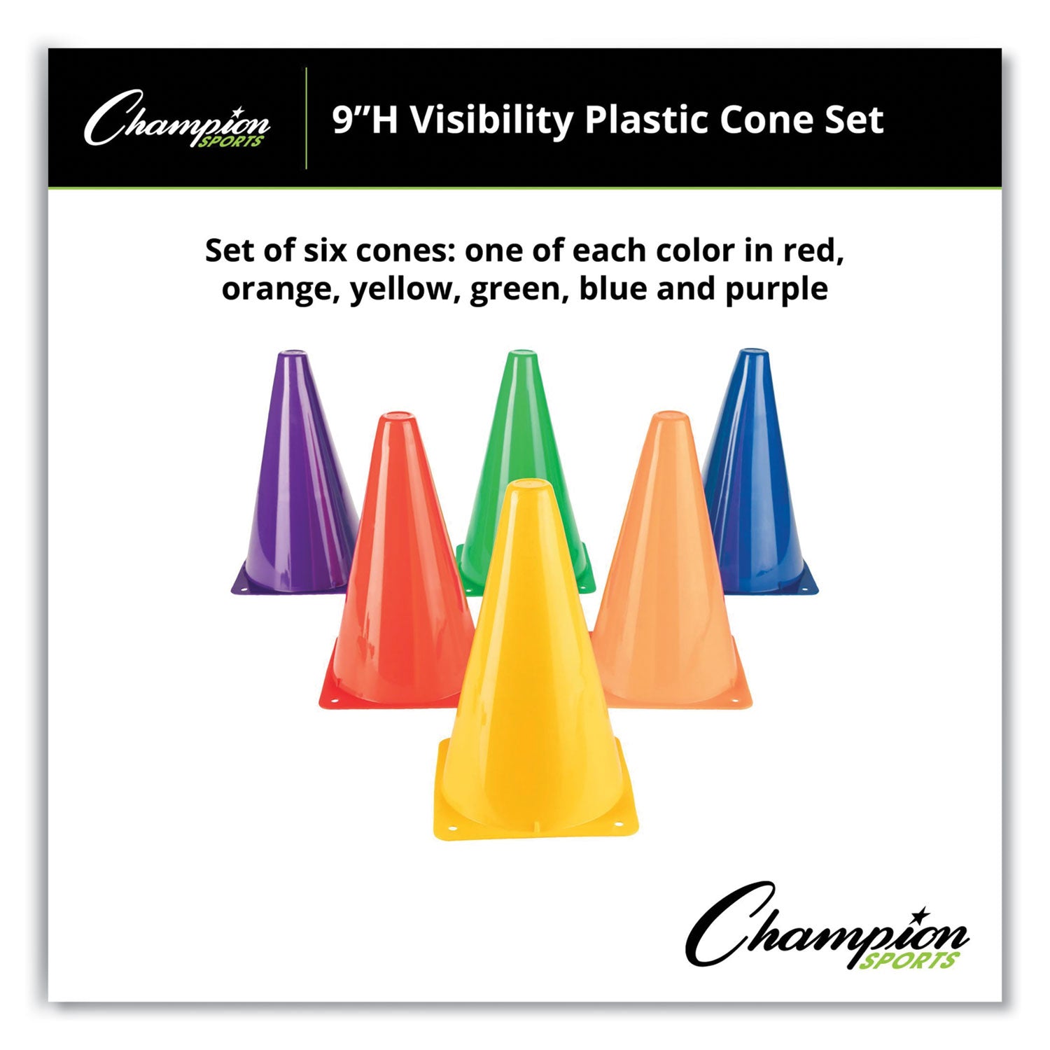 Indoor/Outdoor High Visibility Plastic Cone Set, Assorted Colors, 6/Box - 