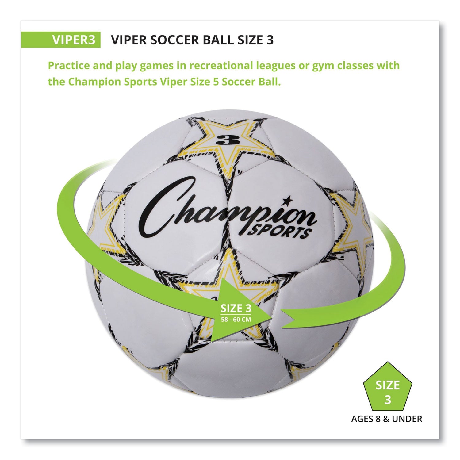 VIPER Soccer Ball, No. 3 Size, 7.25" to 7.5" Diameter, White - 