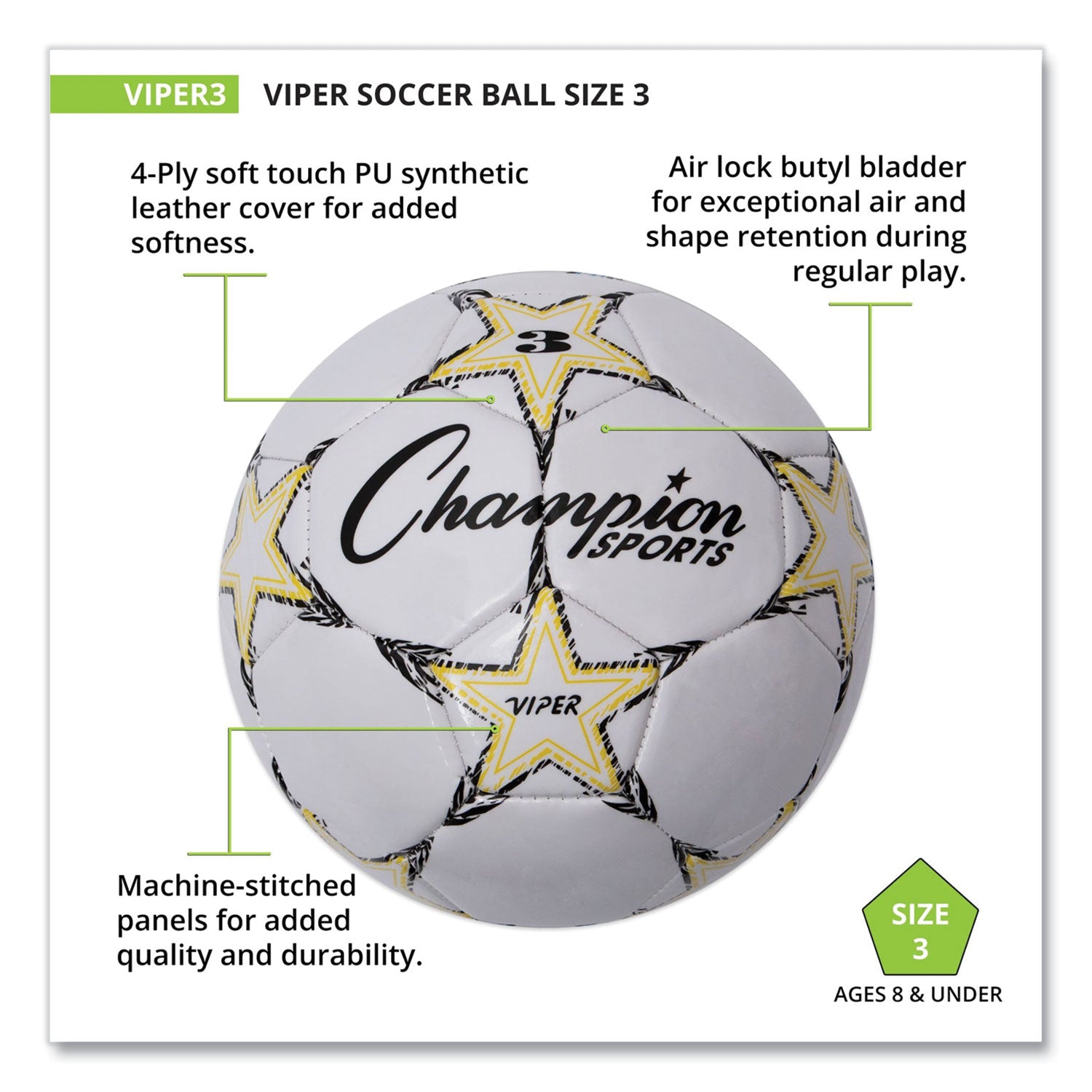 VIPER Soccer Ball, No. 3 Size, 7.25" to 7.5" Diameter, White - 