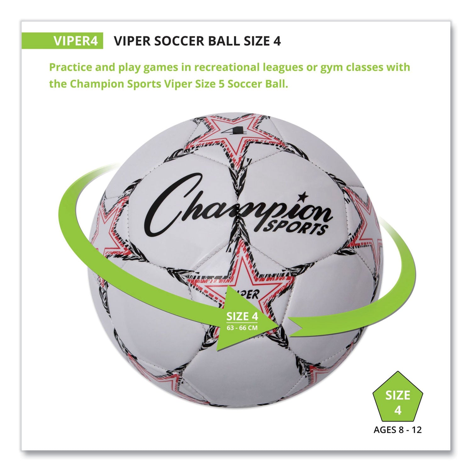 VIPER Soccer Ball, No. 4 Size, 8" to 8.25" Diameter, White - 