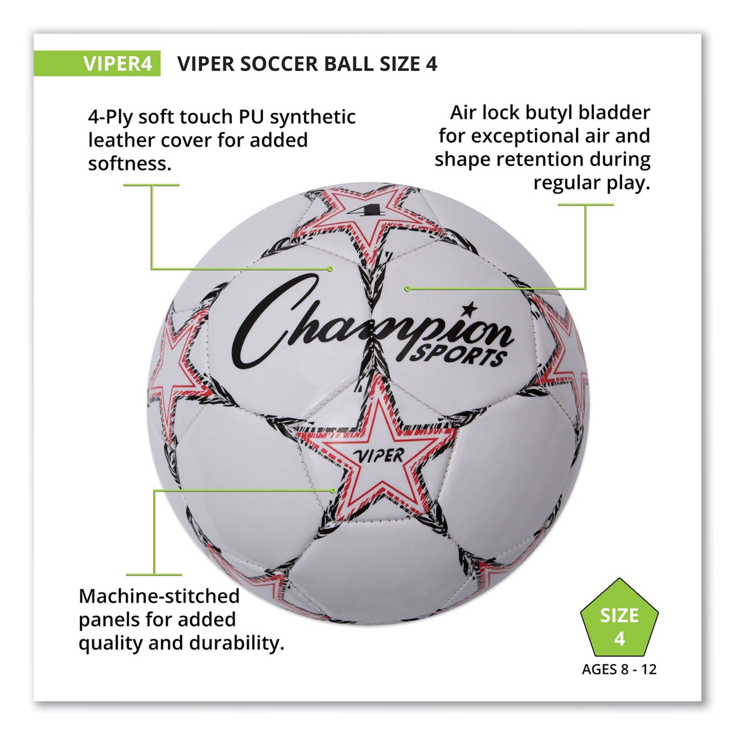 VIPER Soccer Ball, No. 4 Size, 8" to 8.25" Diameter, White - 