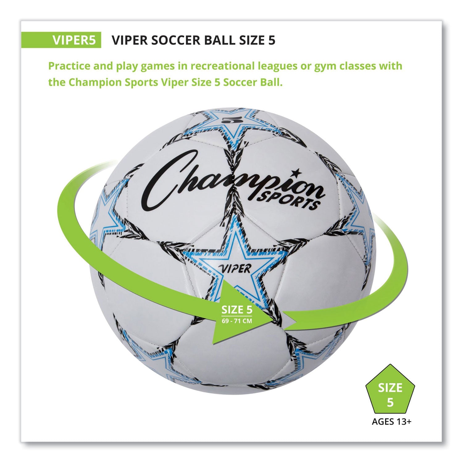 VIPER Soccer Ball, No. 5. Size, 8.5" to 9" Diameter, White - 