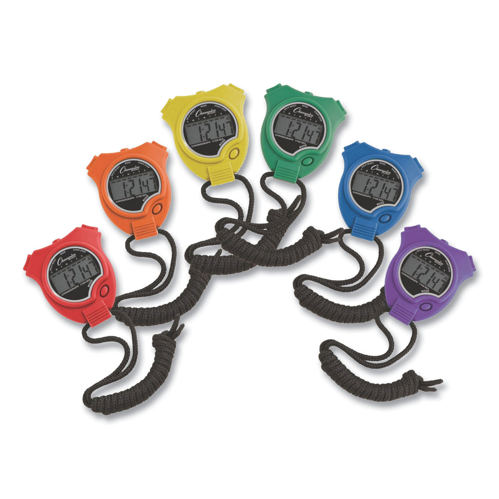 Water-Resistant Stopwatches, Accurate to 1/100 Second, Assorted Colors, 6/Box - 