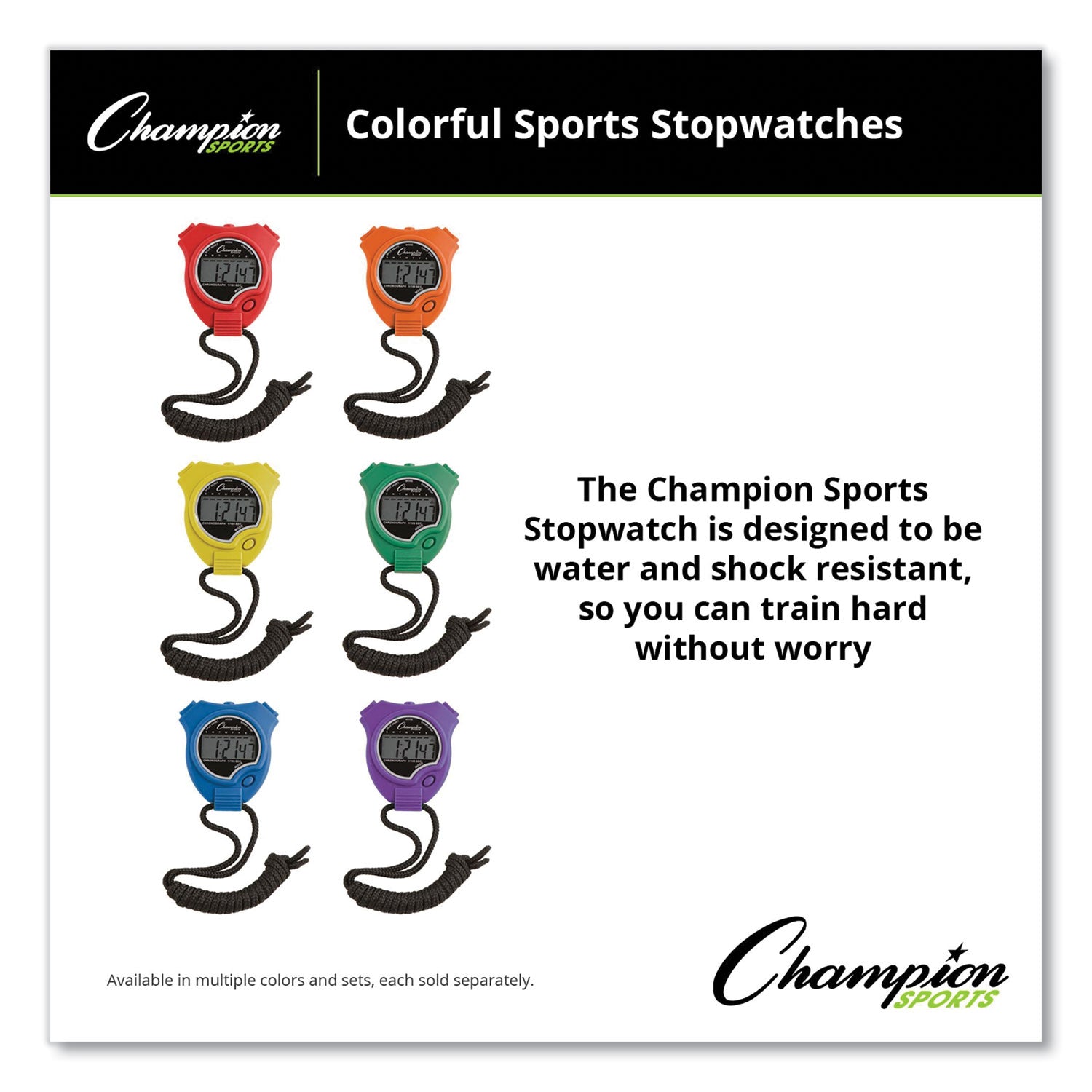 Water-Resistant Stopwatches, Accurate to 1/100 Second, Assorted Colors, 6/Box - 