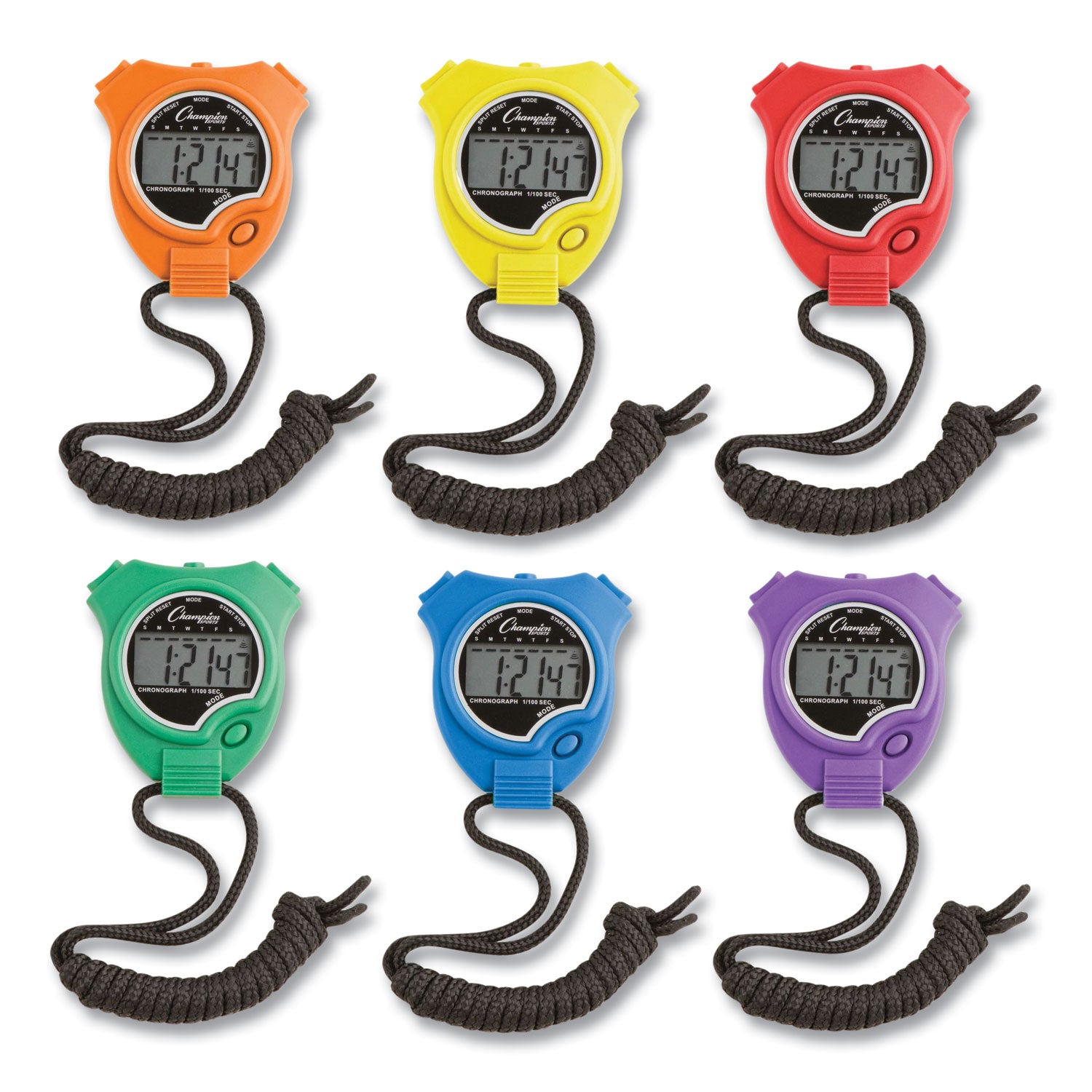 Water-Resistant Stopwatches, Accurate to 1/100 Second, Assorted Colors, 6/Box - 