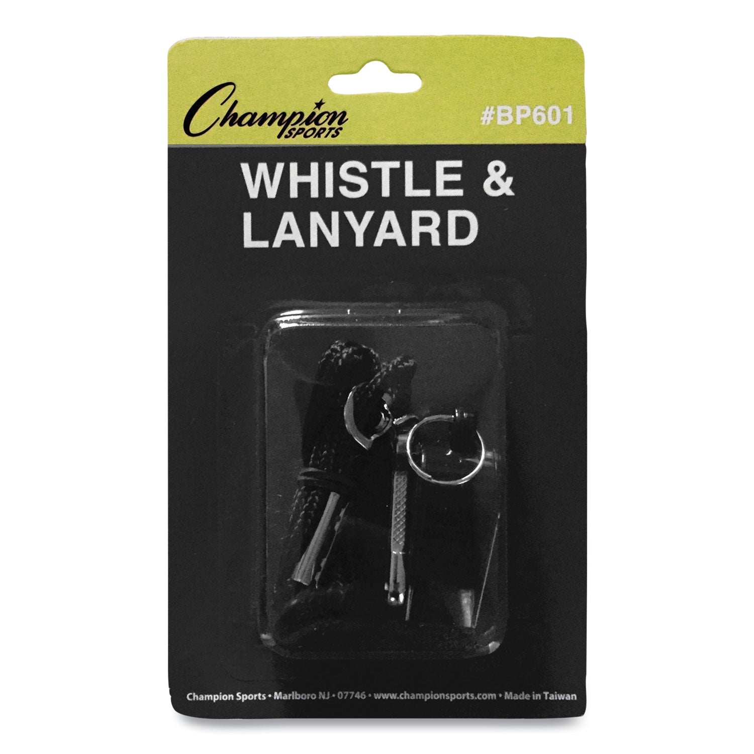 Sports Whistle with Black Nylon Lanyard, Plastic, Black, Dozen - 